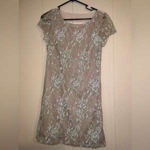 Beige and white lace fitted dress